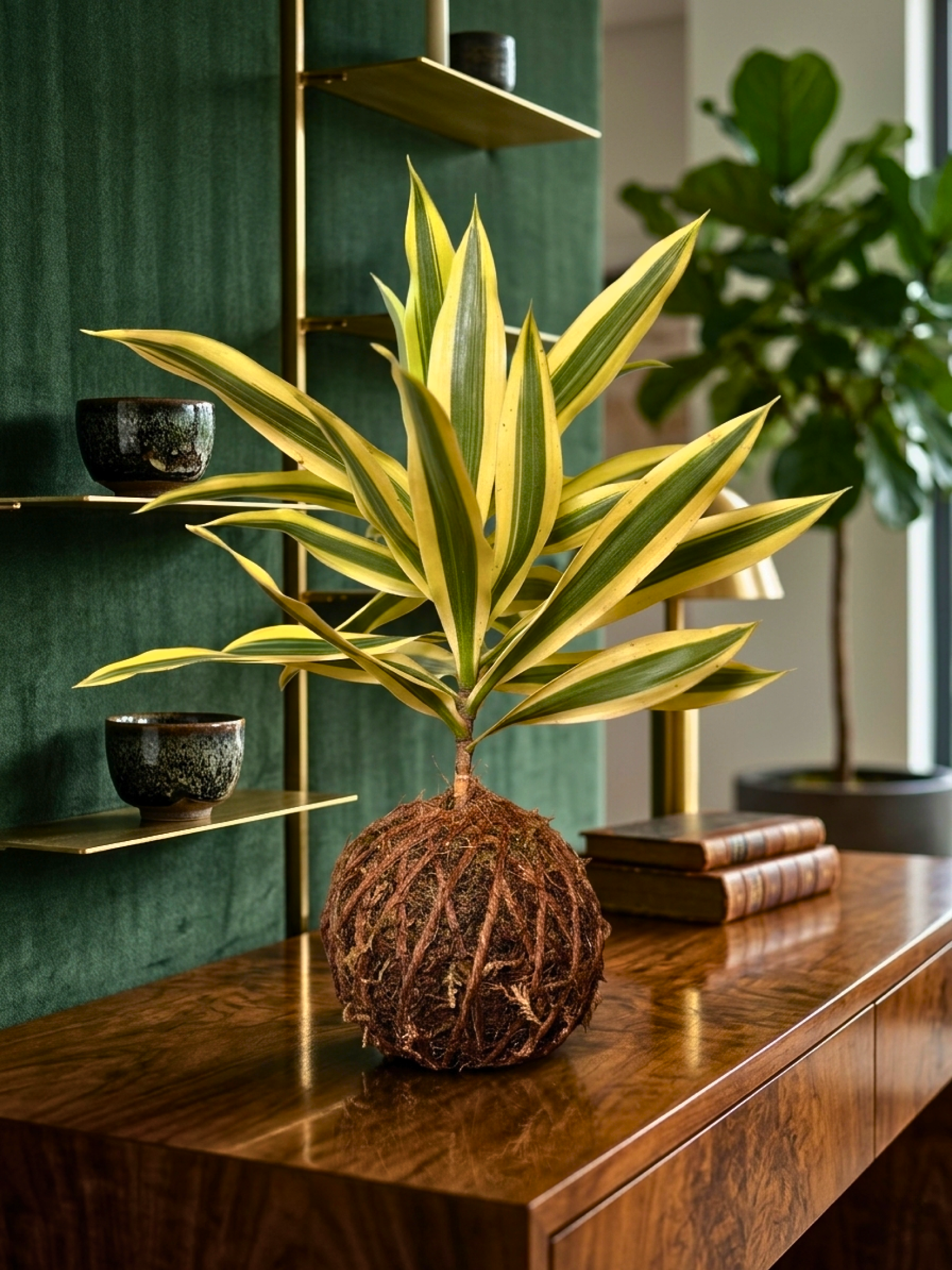 Luxury Dracaena Reflexa kokedama indoor plant with golden green foliage for home décor UAE