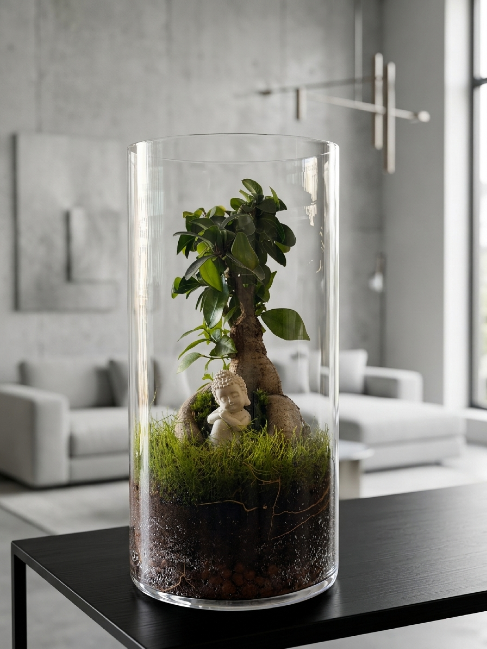 Elegant Ficus Microcarpa terrarium showcasing a peaceful Buddha beneath a bonsai canopy in a tall glass cylinder.