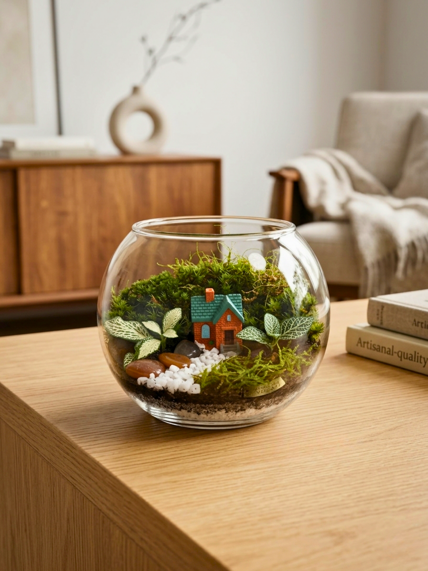 Handcrafted glass bowl terrarium with miniature cottage, white pebble path and decorative stones in UAE