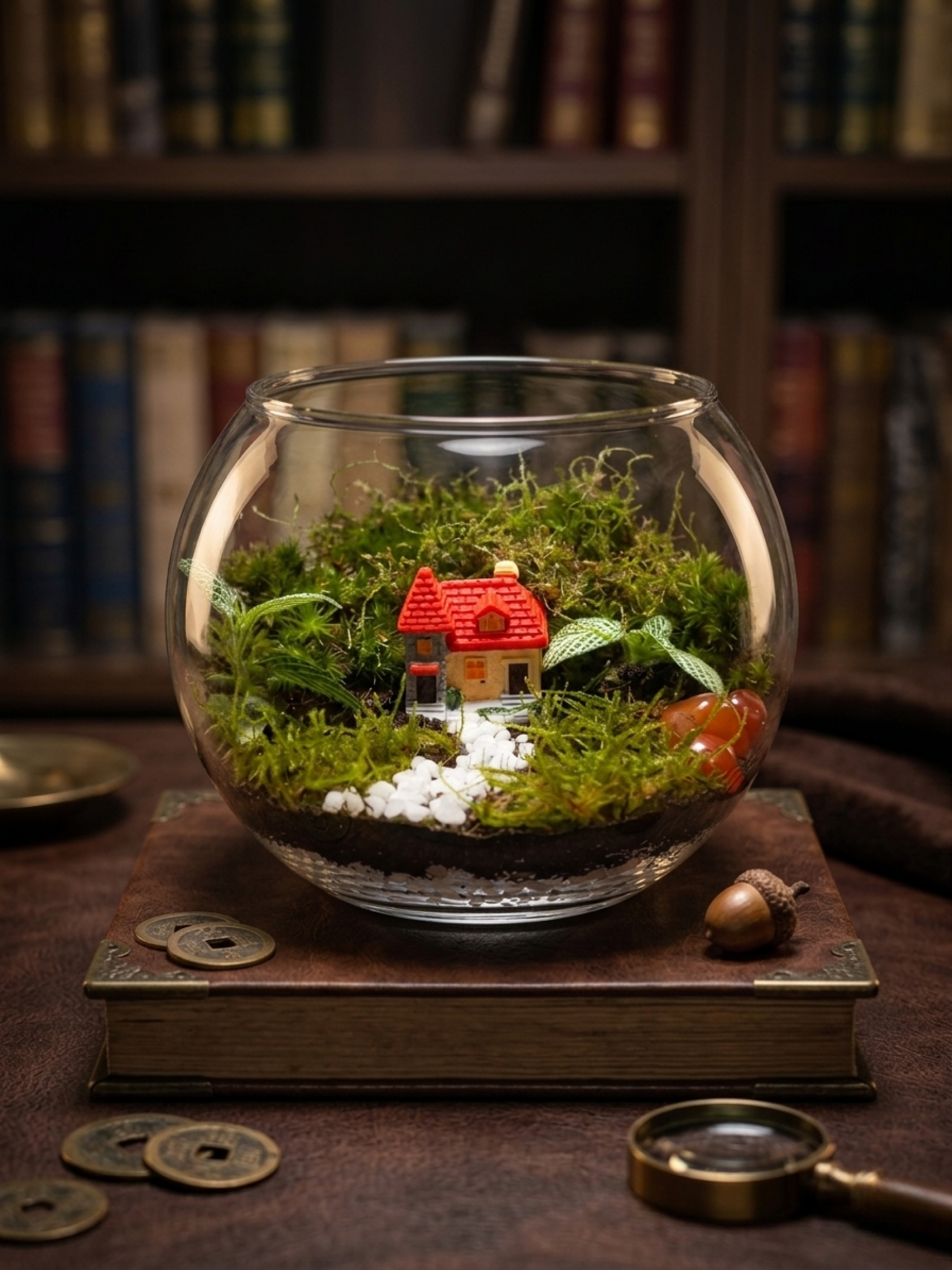 Handcrafted glass bowl terrarium with red roof cottage, white pebble pathway and live moss in UAE