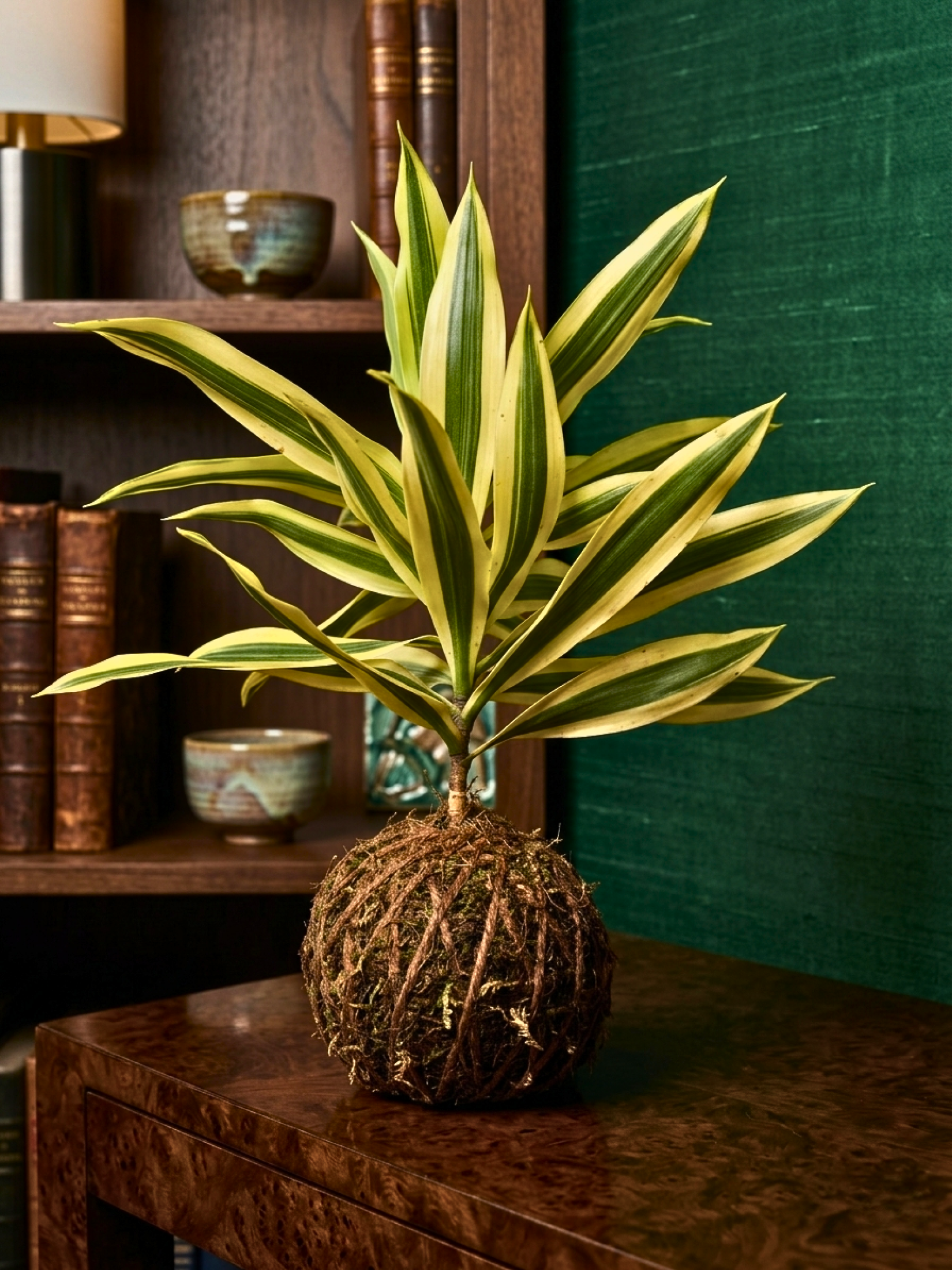 Premium indoor kokedama plant with yellow variegation Dracaena Reflexa UAE