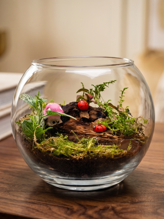 Close-up detail of natural driftwood, miniature ladybugs, and pink mushroom accents inside a mini glass bowl terrarium.