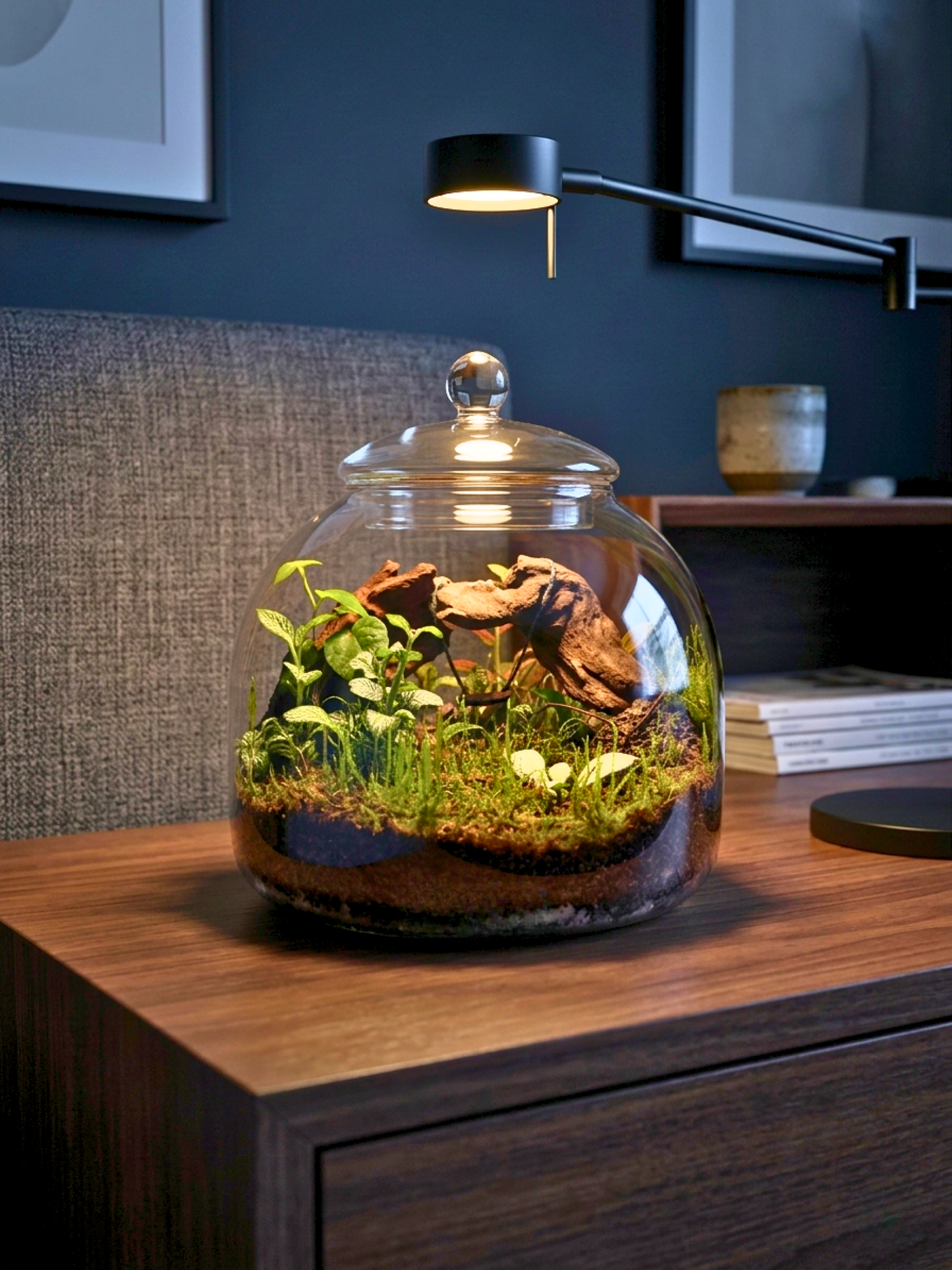Handcrafted glass terrarium with flat moss meadow, Fittonia red and green plants, designed for luxury home décor in Dubai
