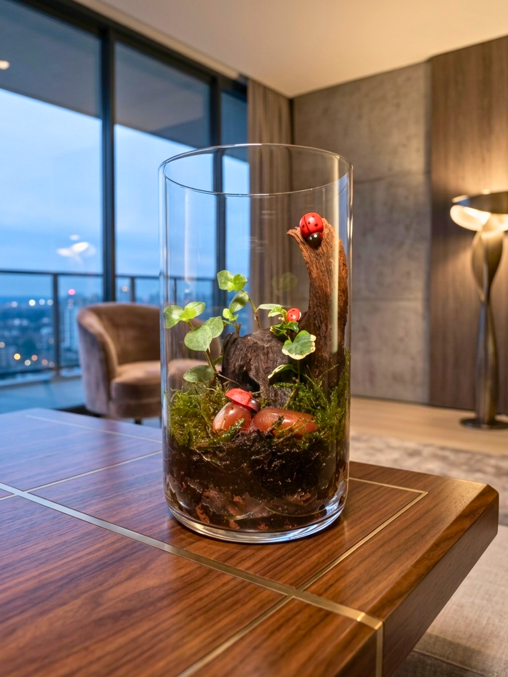 Handcrafted miniature forest terrarium by Lilli Plants Dubai featuring lush Peperomia plant in elegant glass.