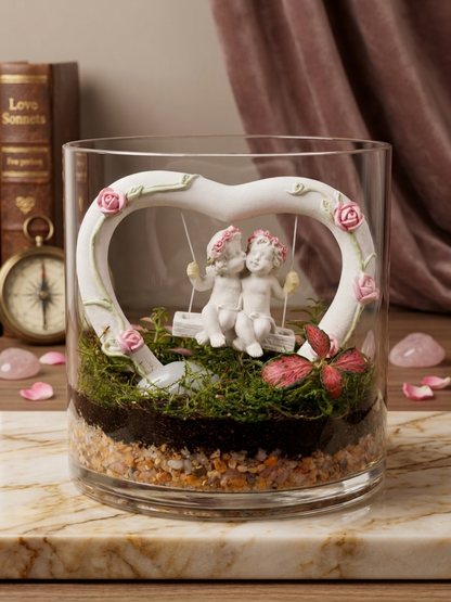Closeup of couple figurine on heart swing in Love Nest Mini Cylinder Terrarium – romantic, handcrafted, and unique terrarium Dubai UAE