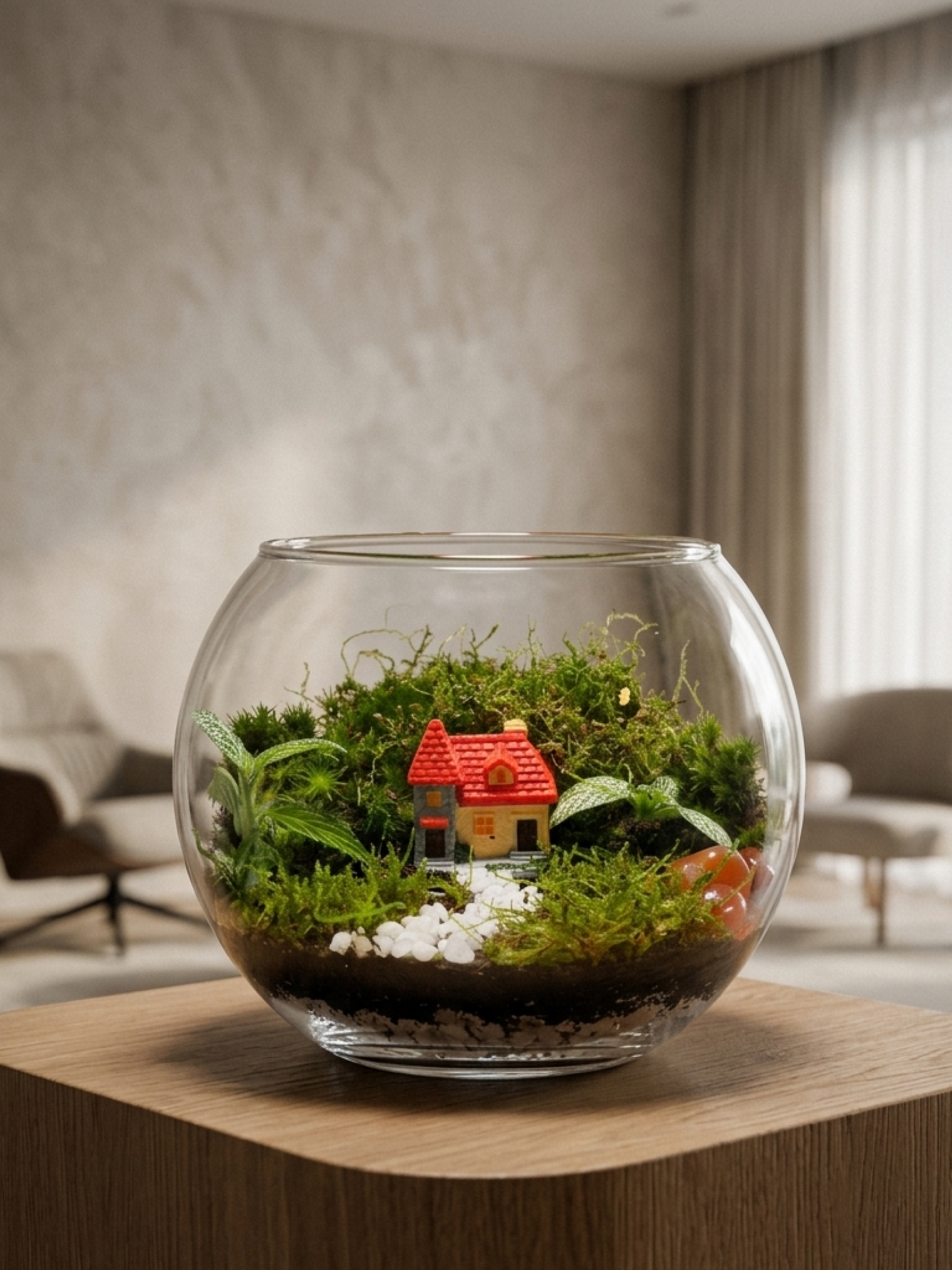 Hidden Cottage classic bowl terrarium with miniature house, cushion moss and Fittonia by Lilli Plants Dubai
