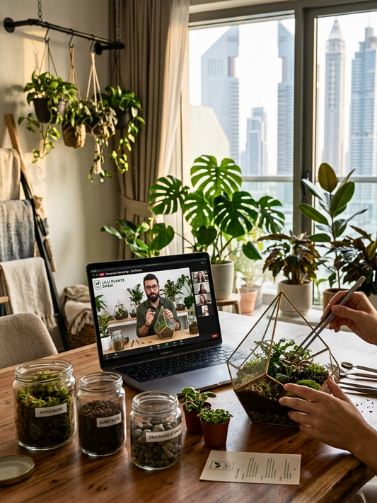 Home terrarium experience with beginner kit and live online workshop by Lilli Plants Dubai for UAE and global participants.