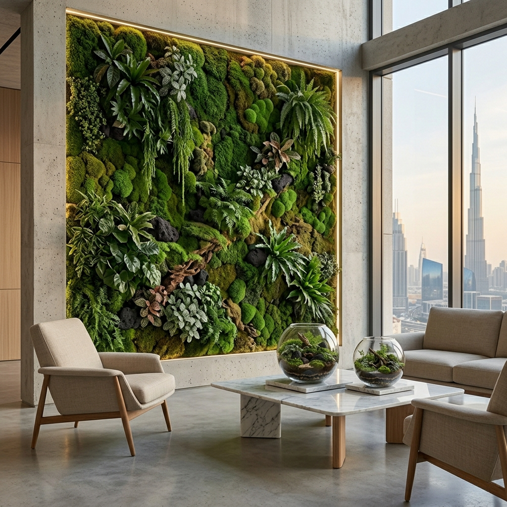 botanical styling setup in Dubai with terrariums and plant installations by Lilli Plants, transforming a business space into a green luxury environment.