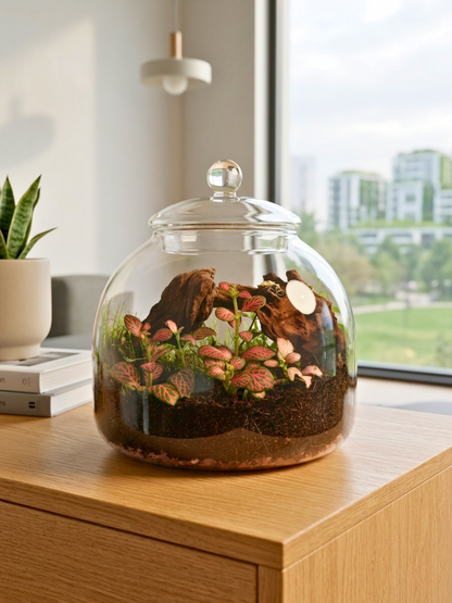 Premium indoor terrarium by Lilli Plants with moss carpet, lava rocks, and trailing Ficus pumila creating forest-floor effect