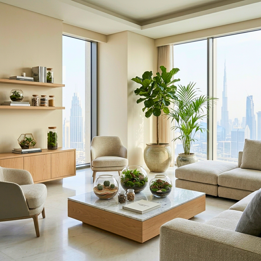 Elegant modern living room in Dubai styled with indoor plants and terrariums by Lilli Plants, creating a calm luxury green living interior.
