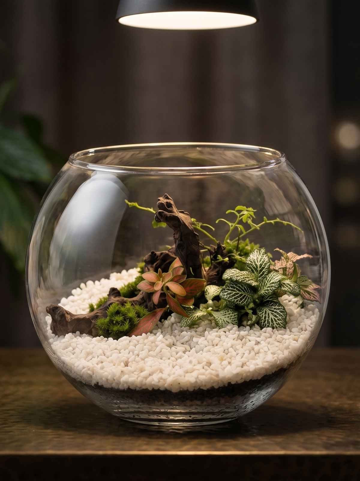 Close-up detail of the sculptural natural driftwood centerpiece, green fern, and red Fittonia plants inside the handcrafted glass bowl terrarium. Crafted in Dubai UAE by Lilli Plants