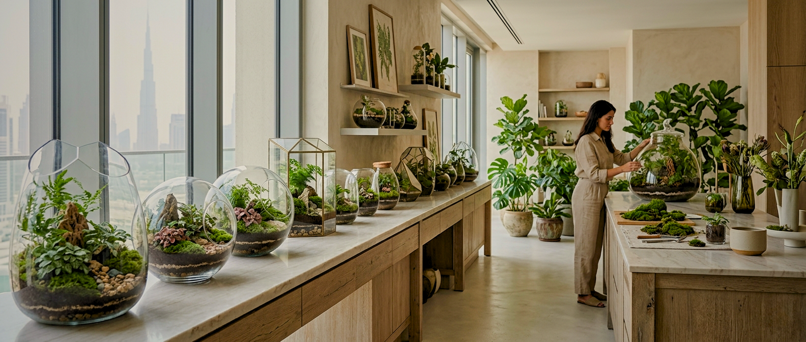 Botanical studio in Dubai showcasing handcrafted terrariums and indoor plant styling in a modern interior design space, representing The Living Artistry by Lilli Plants.