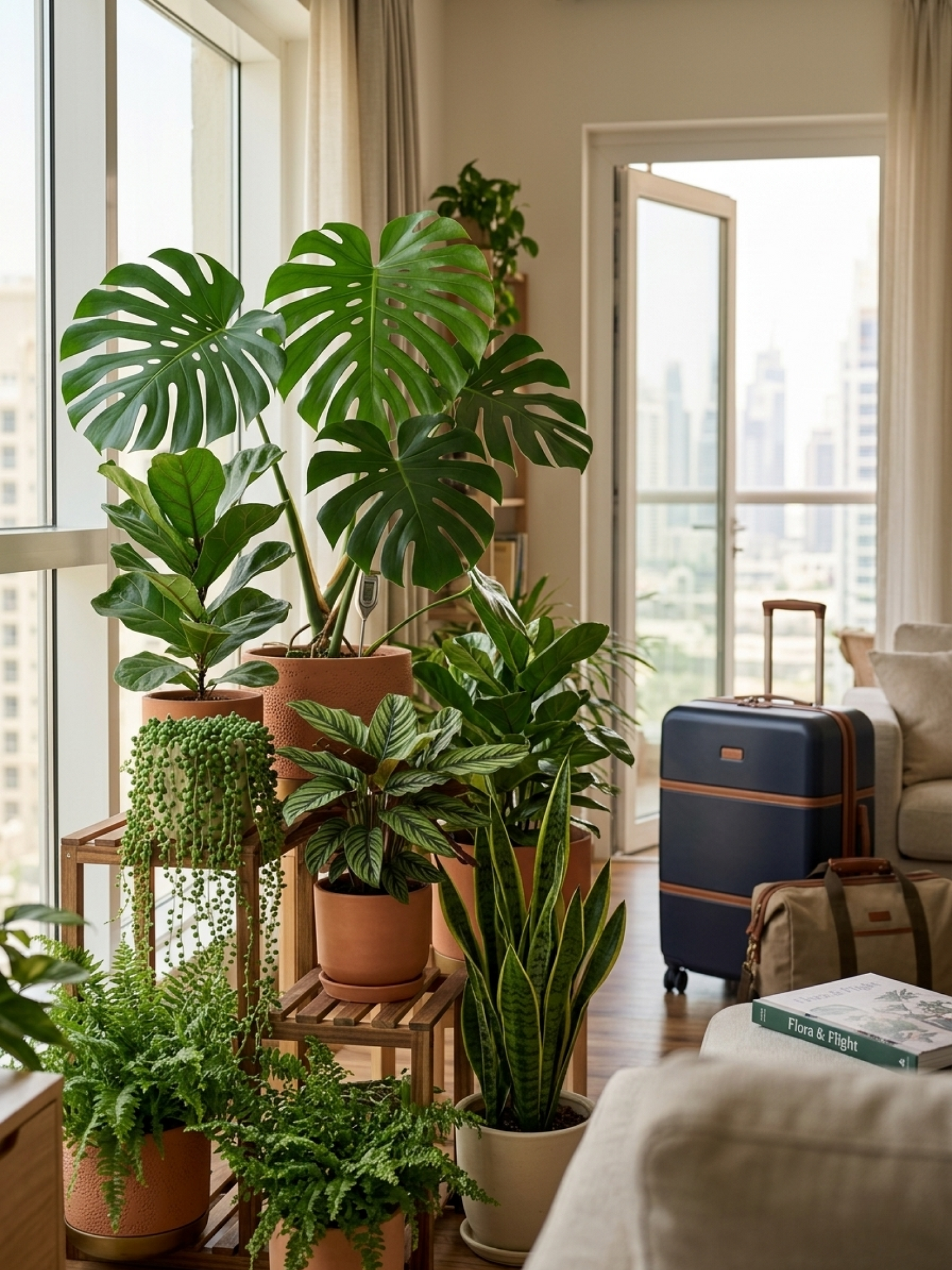 Lilli Plants specialist providing holiday plant care in Dubai home, watering and checking indoor plants while customer is away