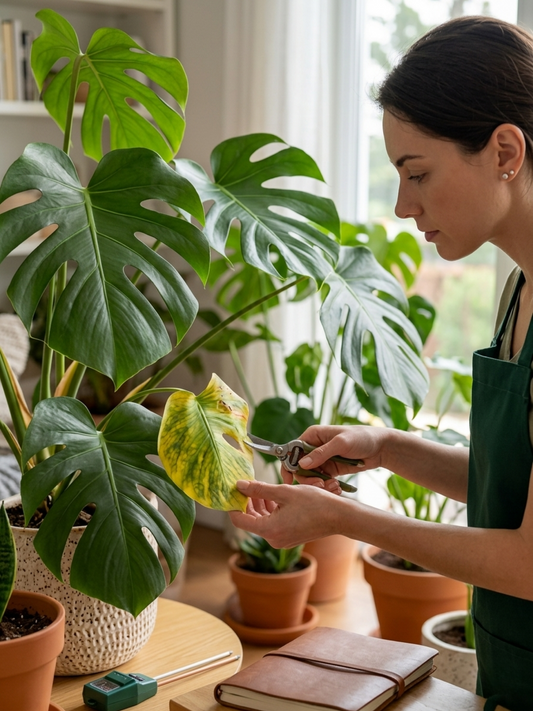 Plant doctor from Lilli Plants visiting a Dubai home for on-site plant health inspection, soil and leaf diagnosis