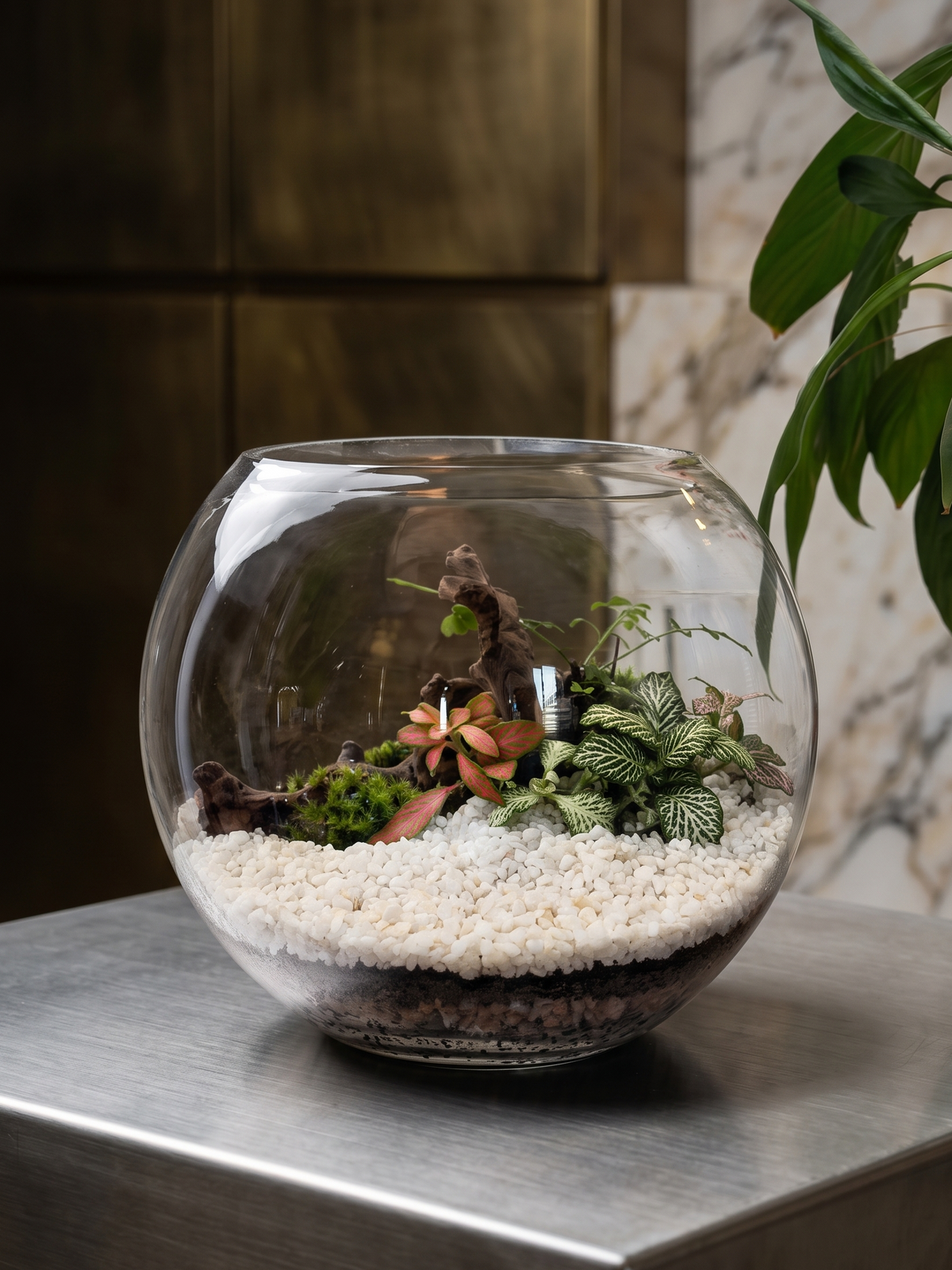The Ivory Grove glass bowl terrarium styled on a luxury executive steel desk as modern biophilic office décor created by Lilli Plant Dubai