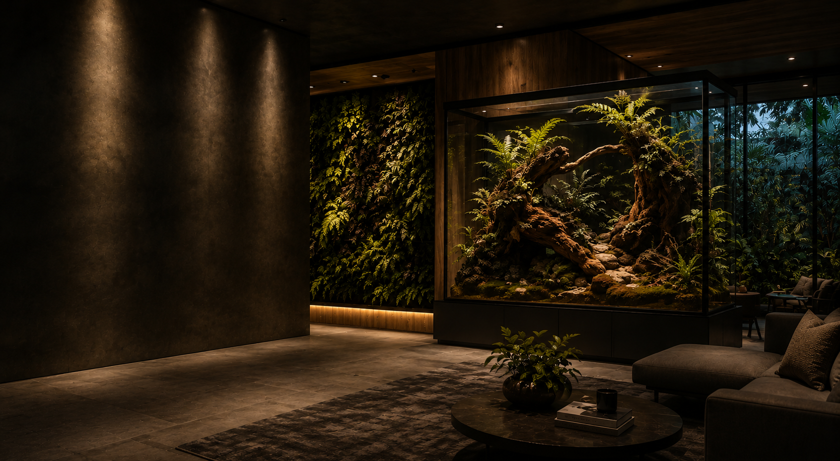 Luxury biophilic interior featuring a statement terrarium ecosystem, living wall and curated greenery designed by Lilli Plants for homes, offices and commercial spaces in Dubai.