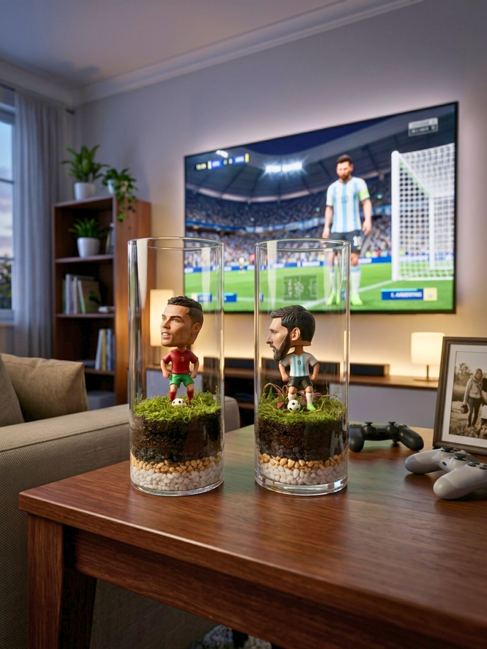 Premium glass cylinder football terrarium by Lilli Plants featuring handcrafted live moss and miniature player figurines.