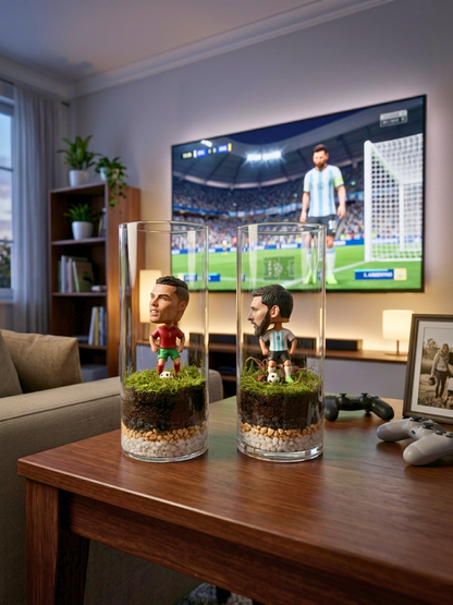 Premium glass cylinder football terrarium by Lilli Plants featuring handcrafted live moss and miniature player figurines.