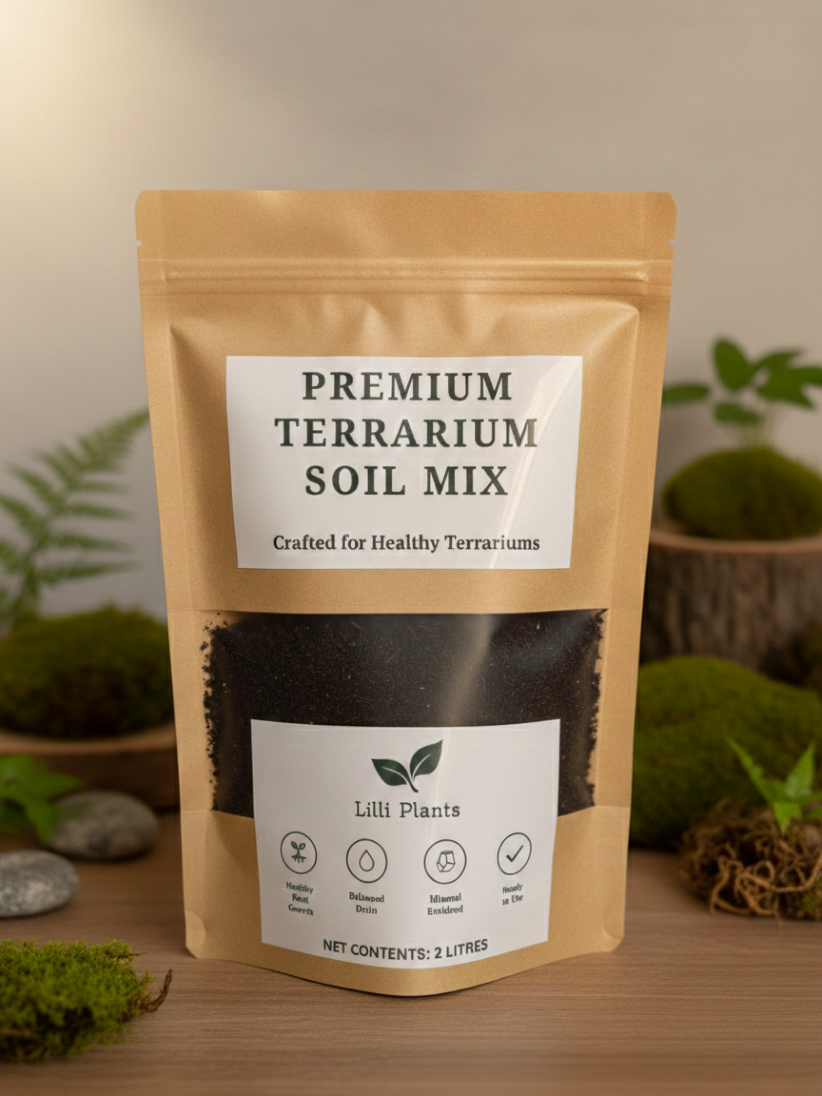 Premium terrarium soil mix by Lilli Plants Dubai for closed and open terrariums and mini forest