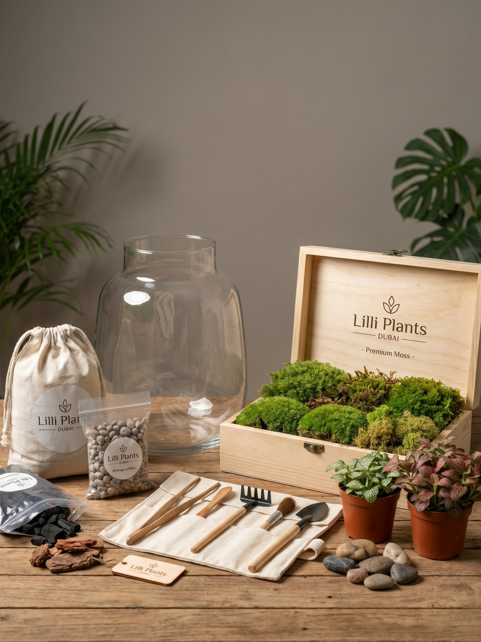 Global online terrarium workshop with premium beginner kit by Lilli Plants Dubai for creative plant learning.