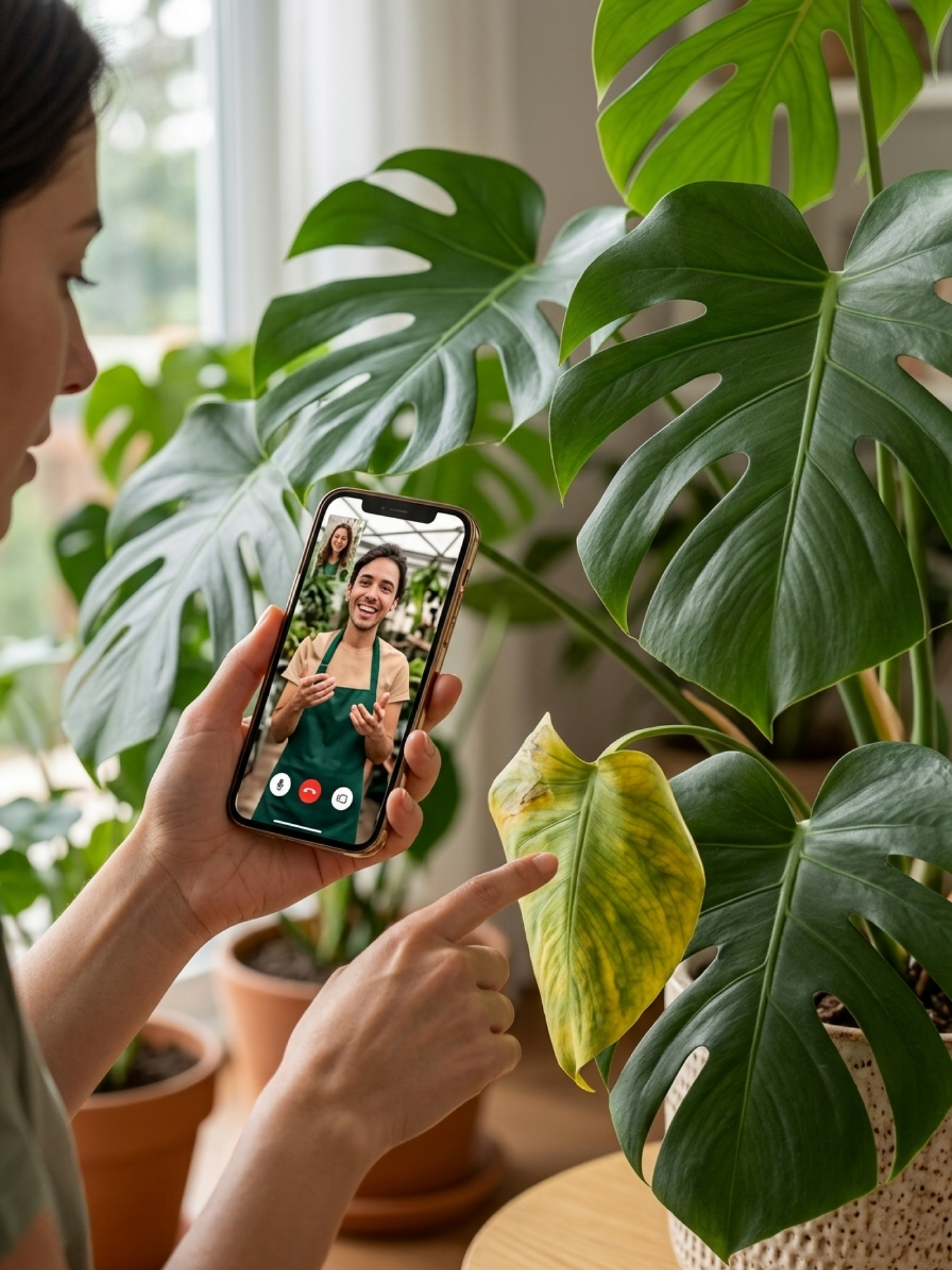Online plant consultation in Dubai with Lilli Plants expert diagnosing yellow leaves and plant problems via video call