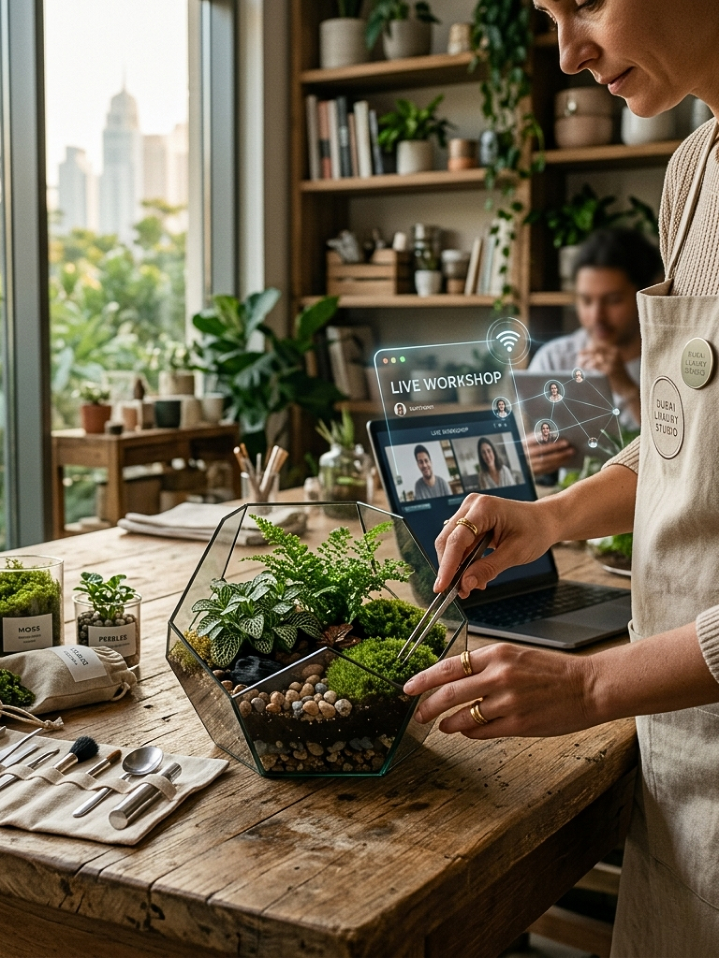 Live online terrarium workshop with home kit experience teaching ecosystem design and plant care from Dubai.