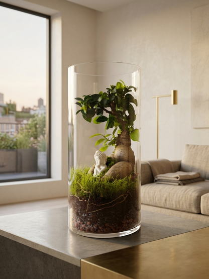 Designer Buddha terrarium with Ginseng Ficus bonsai, premium moss carpet, and tropical Fittonia plants for luxury interiors.