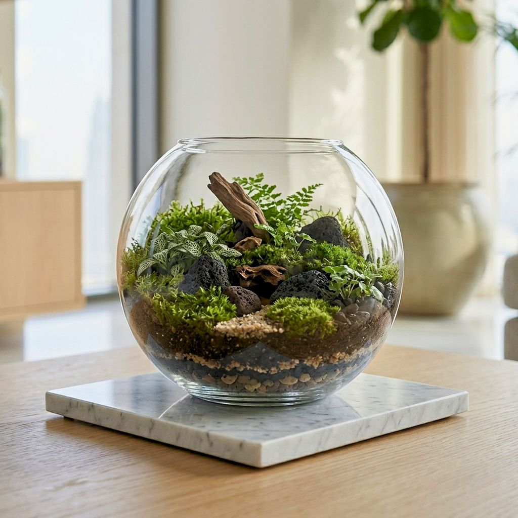 Luxury glass terrarium ecosystem with moss, stones, and miniature plants designed by Lilli Plants in Dubai, showcasing premium botanical artistry.