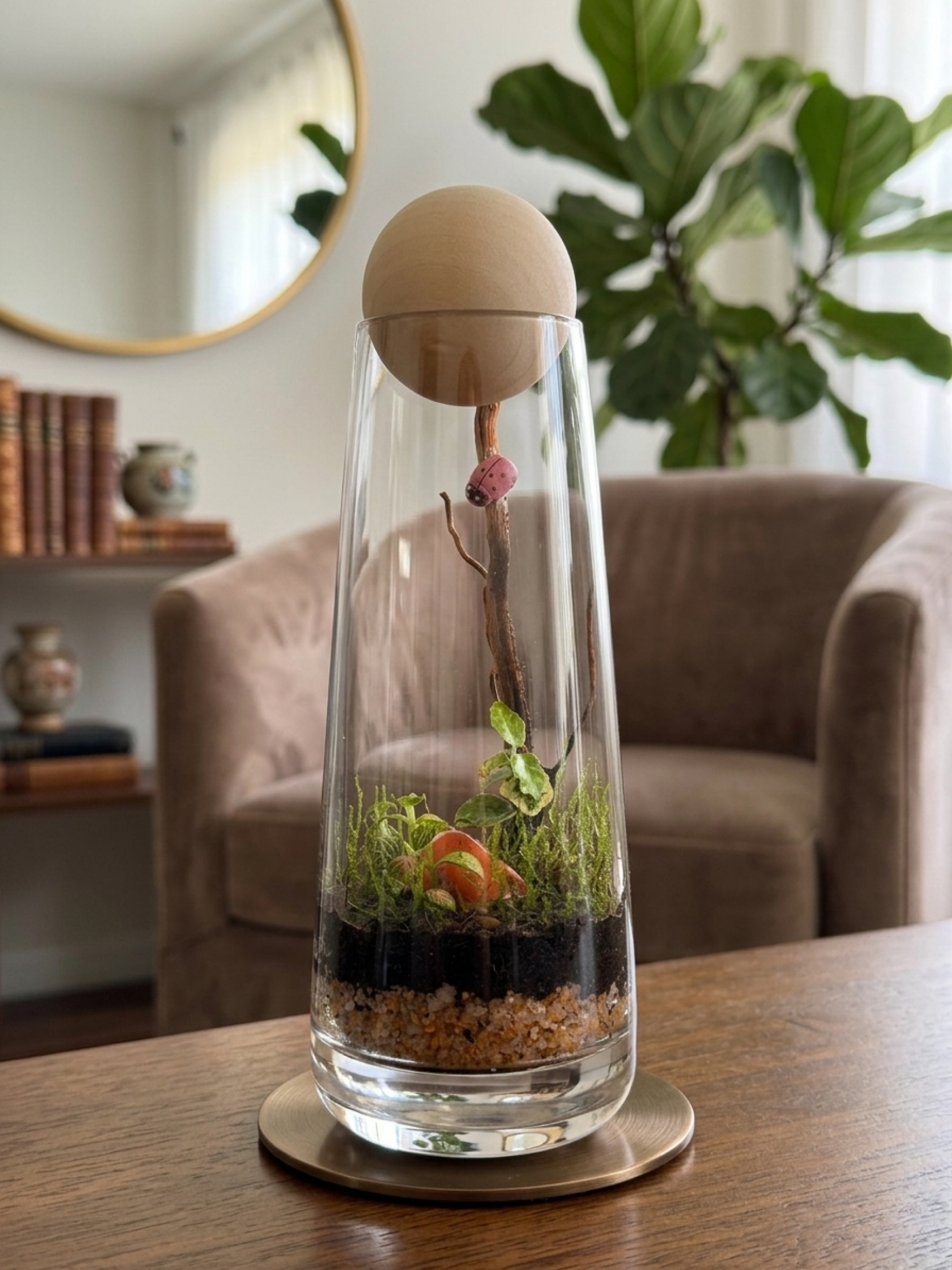 Premium tall glass terrarium with flat moss, Fittonia plants and decorative ladybug in Dubai UAE