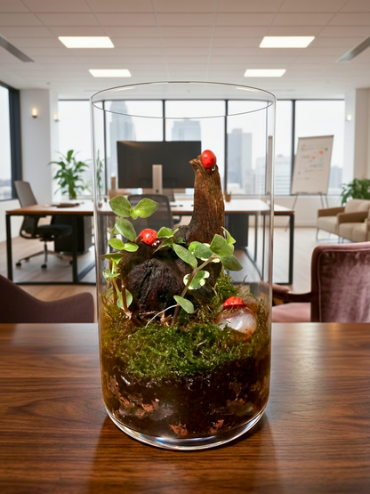Elegant indoor glass terrarium for workspaces and apartments enhancing green aesthetics in Dubai homes.