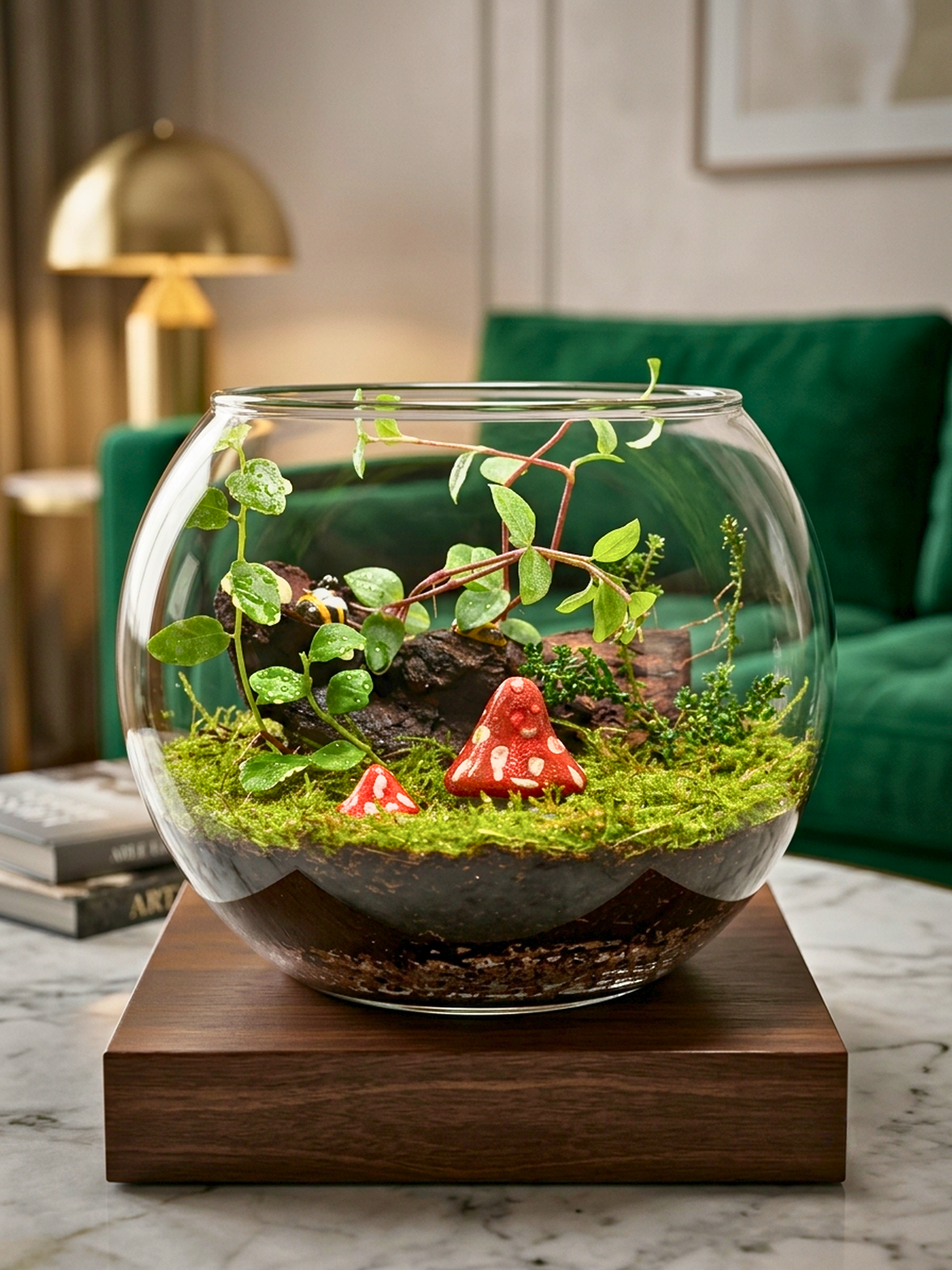 The Fablewood classic bowl terrarium displayed elegantly as a luxury home decor centerpiece on a minimalist wooden surface in a premium Dubai residence.