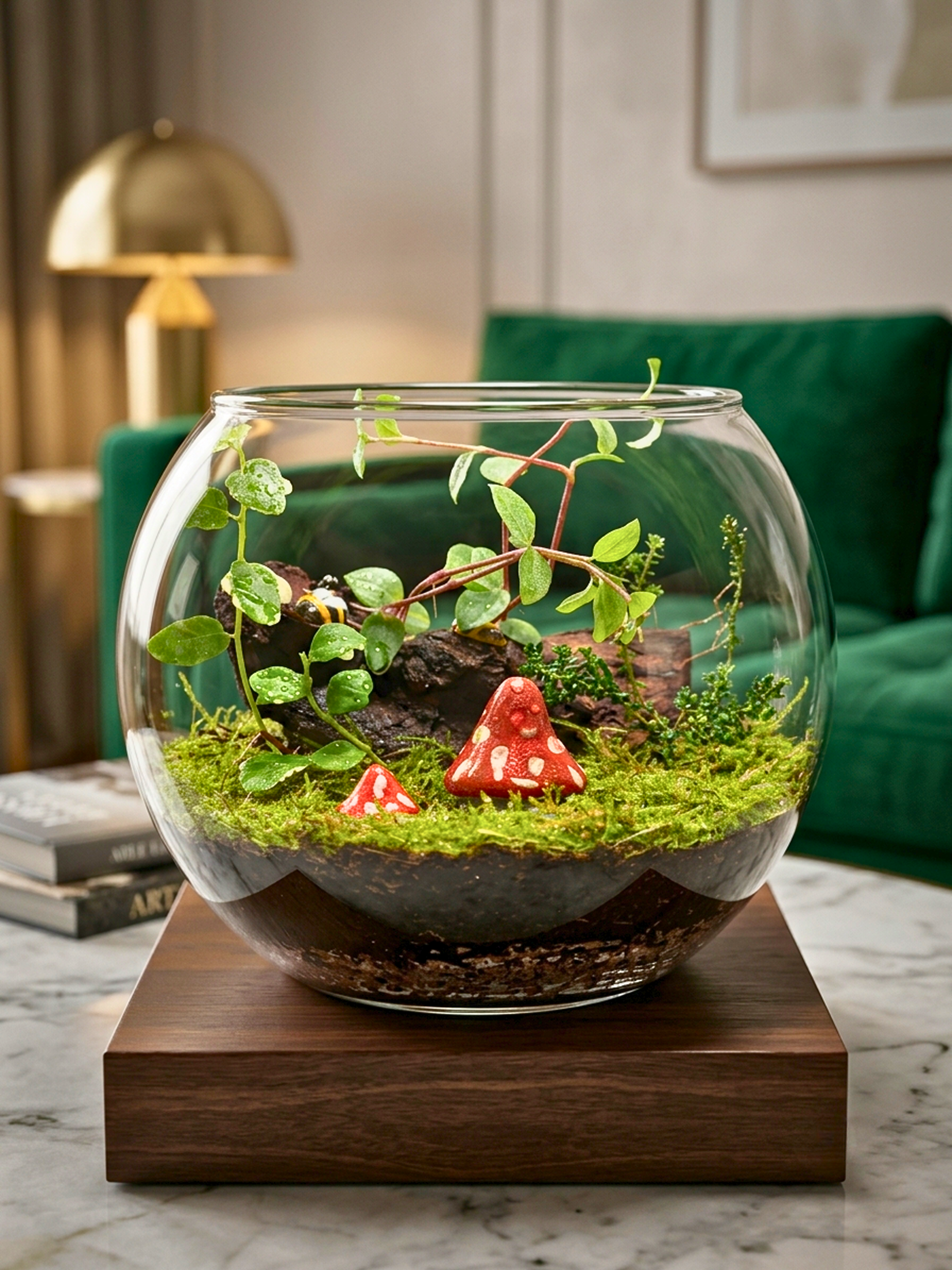 The Fablewood classic bowl terrarium displayed elegantly as a luxury home decor centerpiece on a minimalist wooden surface in a premium Dubai residence.