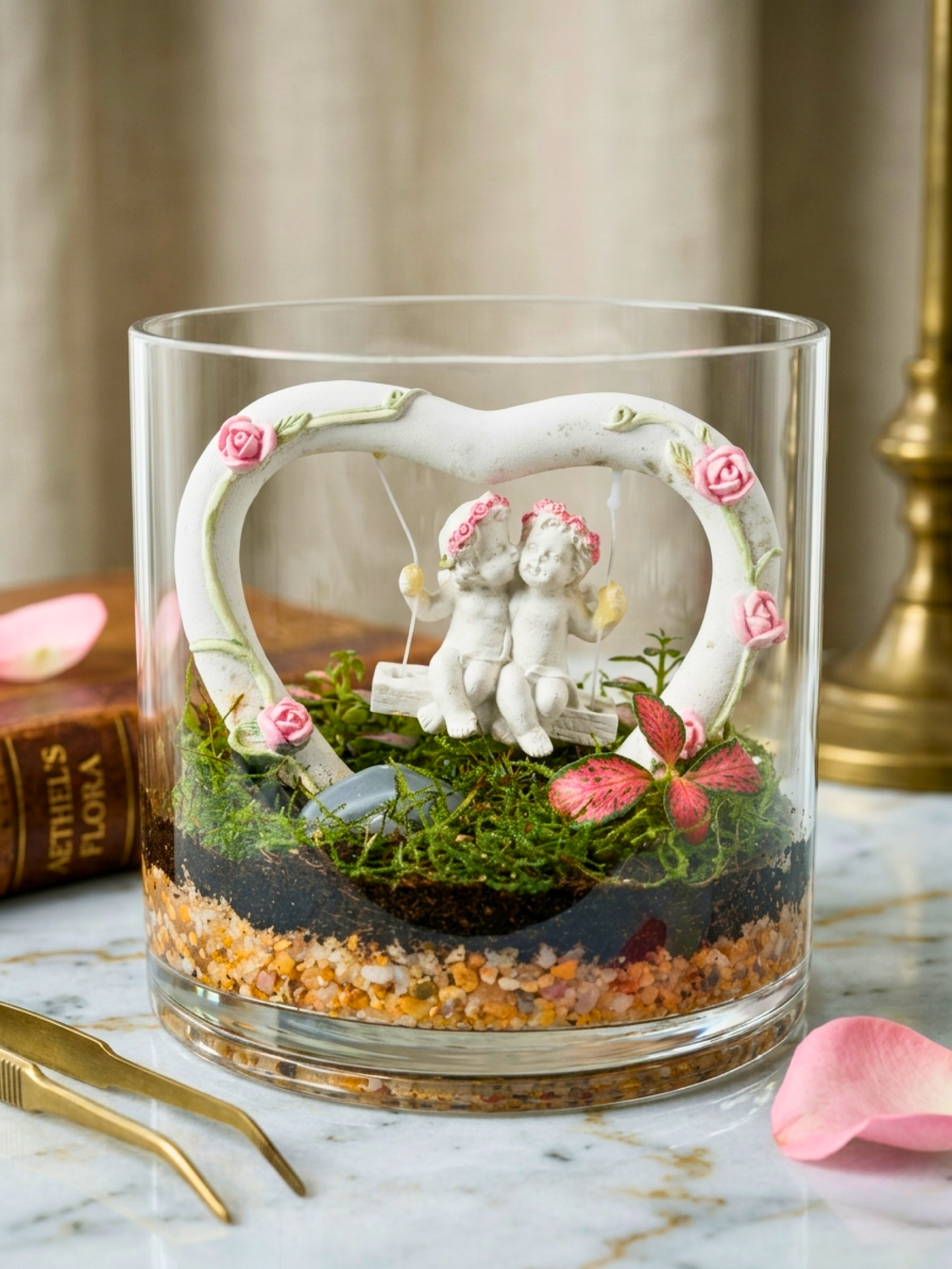 Love Nest Mini Cylinder Terrarium – romantic indoor décor with heart swing, Fittonia Red & moss – perfect Valentine’s gift Dubai
