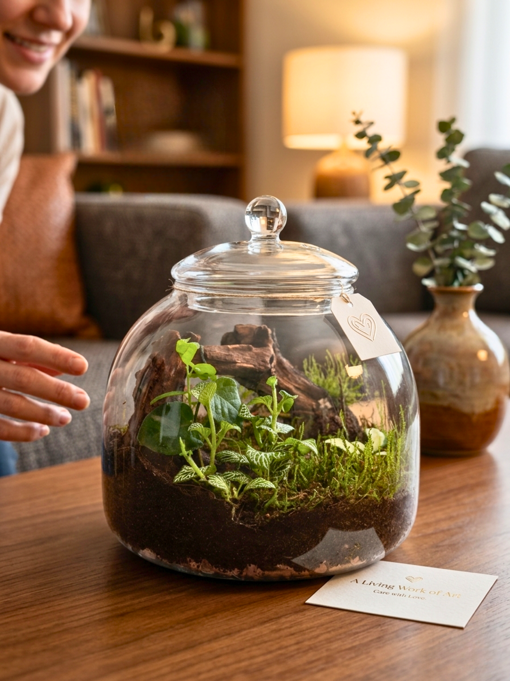 Close-up of Silent Meadow Terrarium showing driftwood tree design with hanging swing and lush green terrarium ecosystem