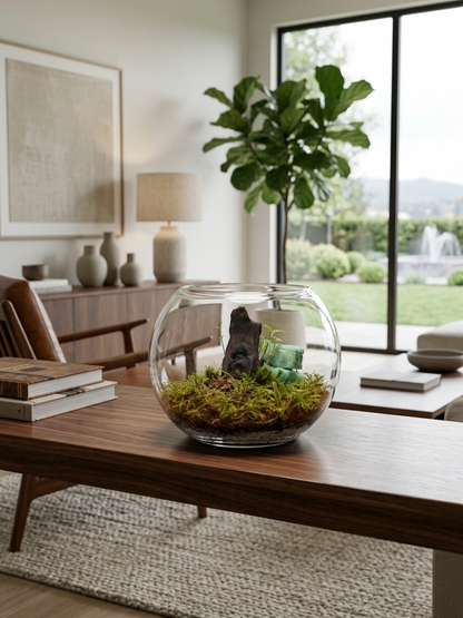 Fortune Grove terrarium with live moss plants and decorative stones premium indoor terrarium UAE