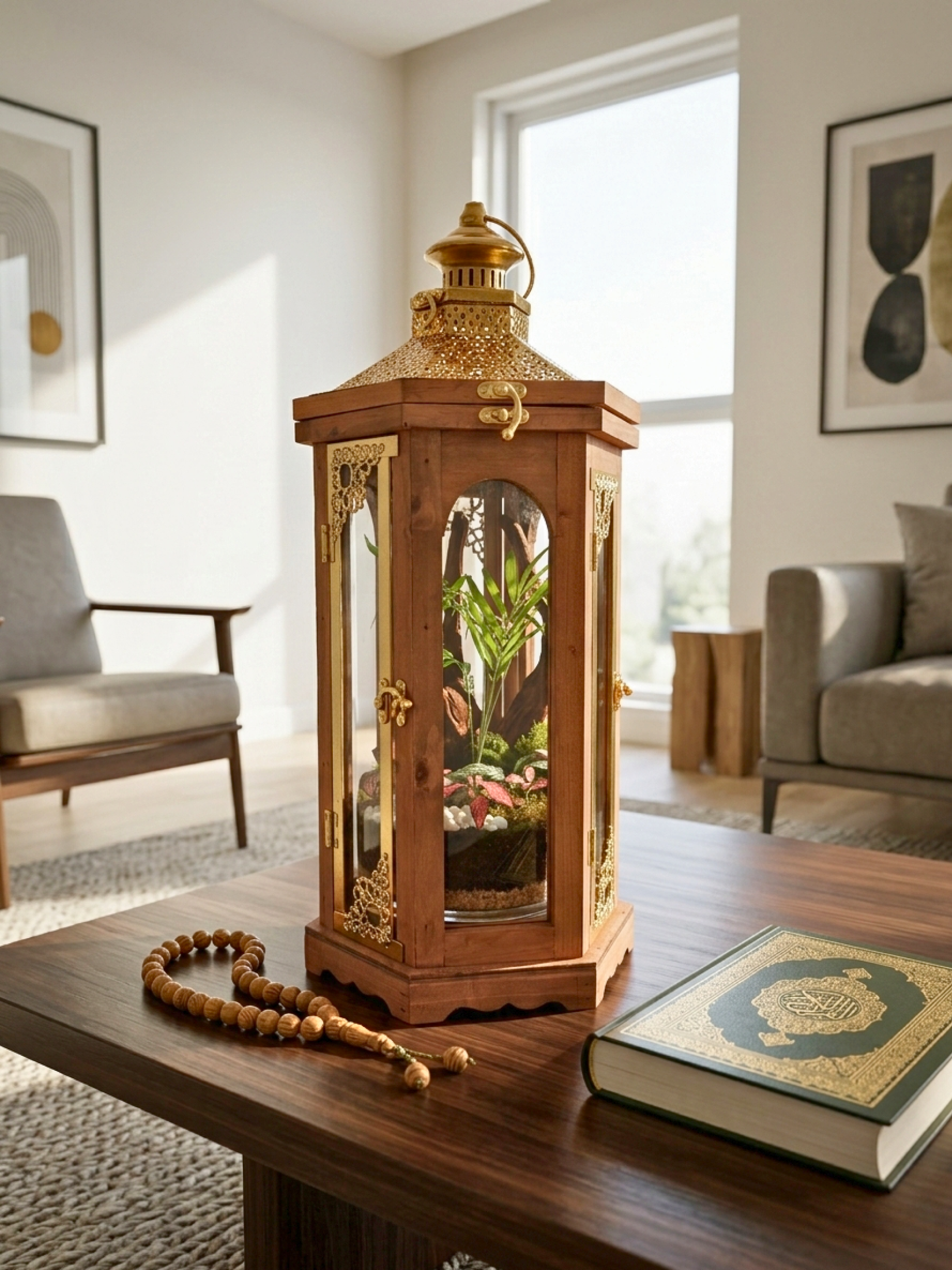Luxury Arabic lantern terrarium for Eid gifting in UAE with parlor palm, birds nest fern, white pebbles and glowing stone