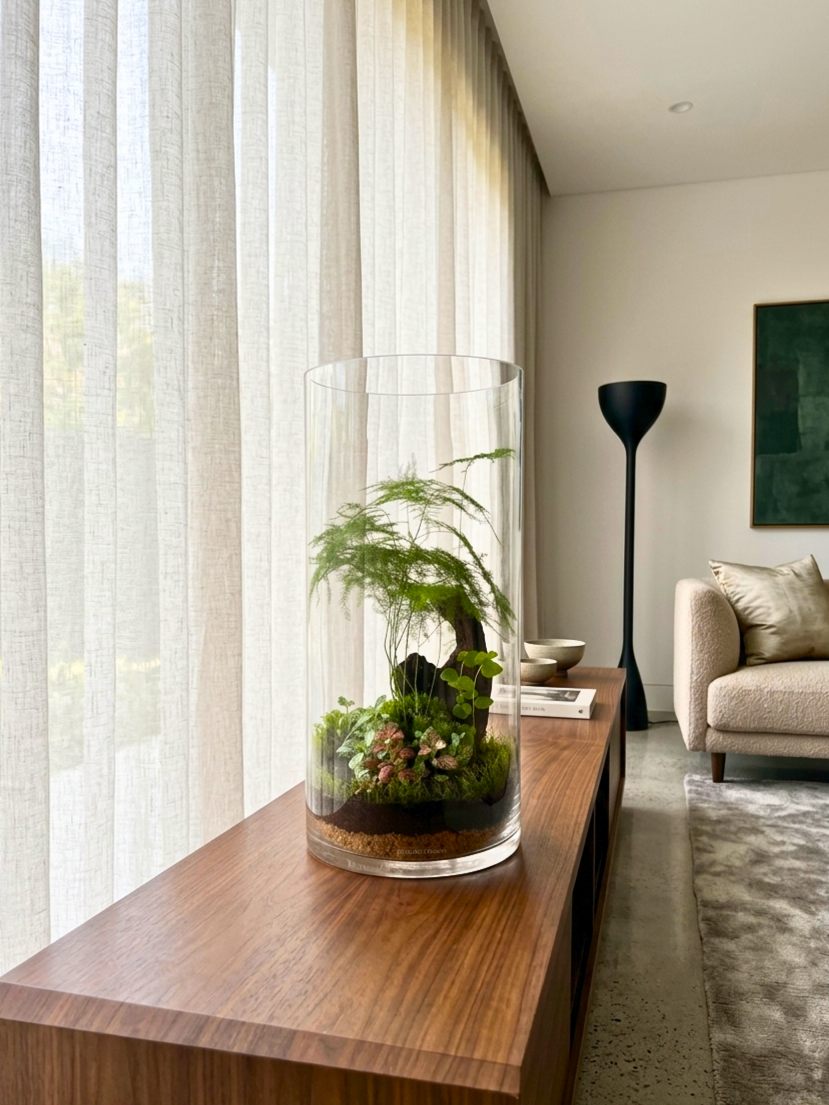 Self-thriving 40cm forest terrarium with Fittonia, Ficus pumila, and asparagus fern inside premium glass.