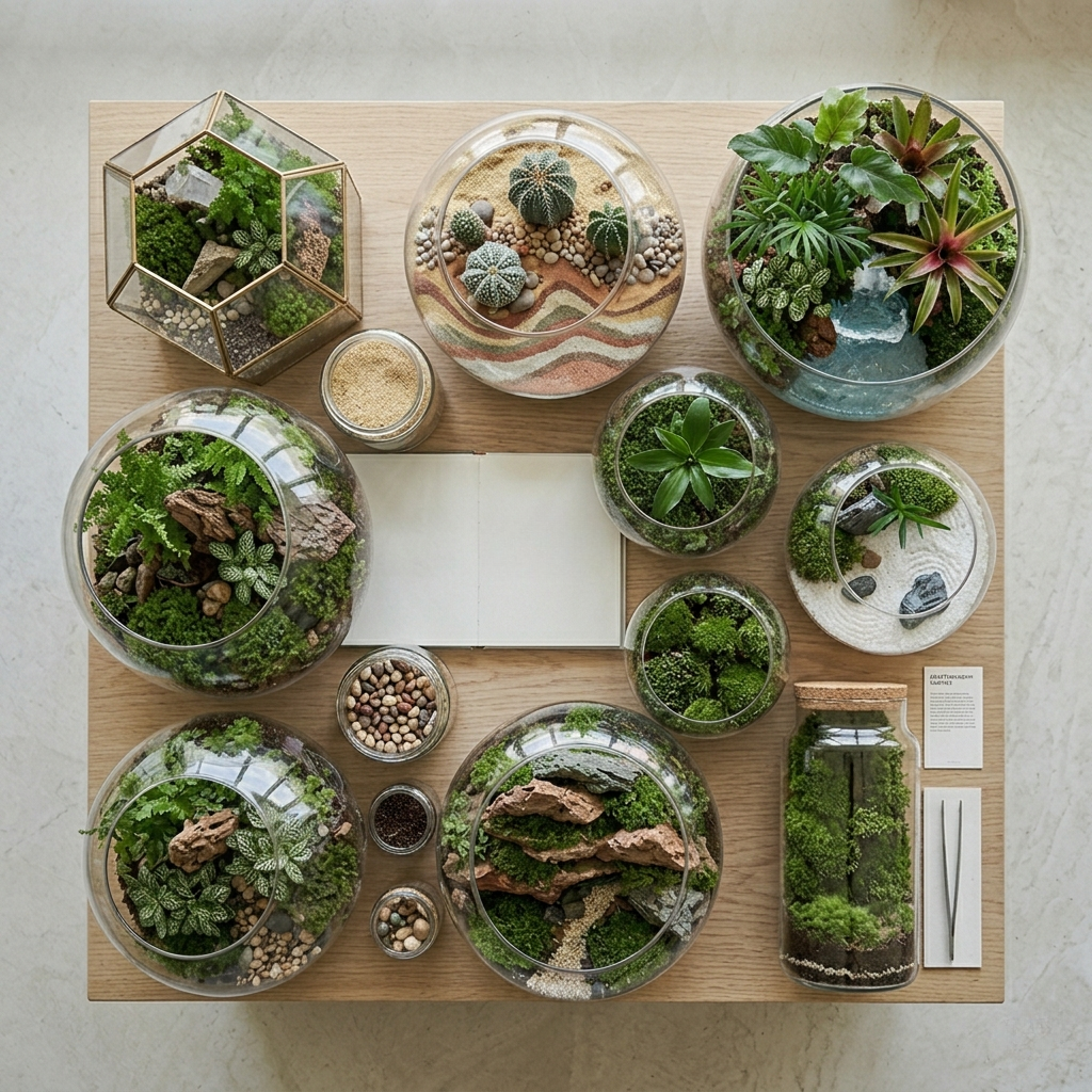 Top view of multiple luxury terrariums and plant compositions arranged in a botanical design studio in Dubai by Lilli Plants, showcasing creative ecosystem styling.