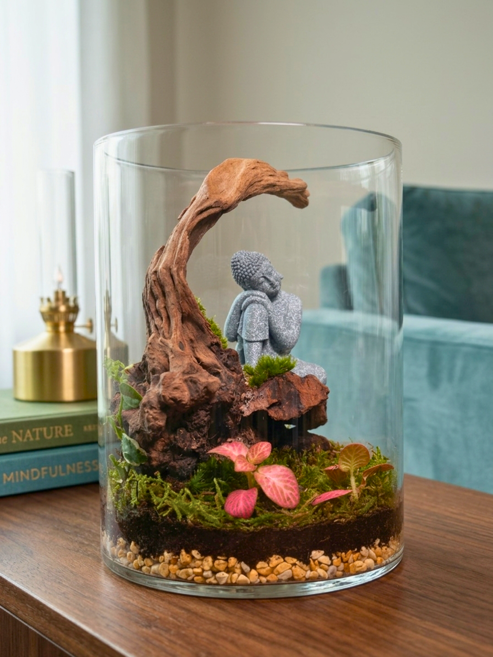 Meditative Arc Buddha terrarium with driftwood and moss in classic cylinder glass by Lilli Plants Dubai