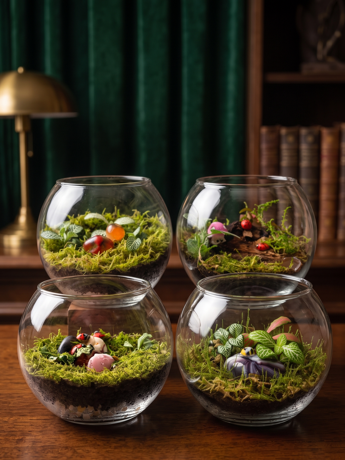 Collection of four handcrafted mini bowl terrariums with moss and Fittonia arrangements by Lilli Plants Dubai.