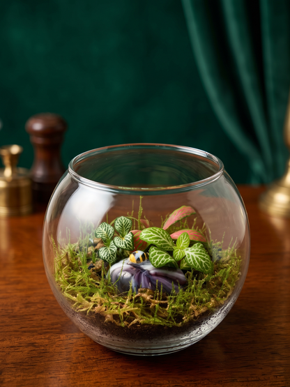 Handcrafted mini bowl terrarium arranged with natural Stones, vibrant moss, and decorative ladybugs.