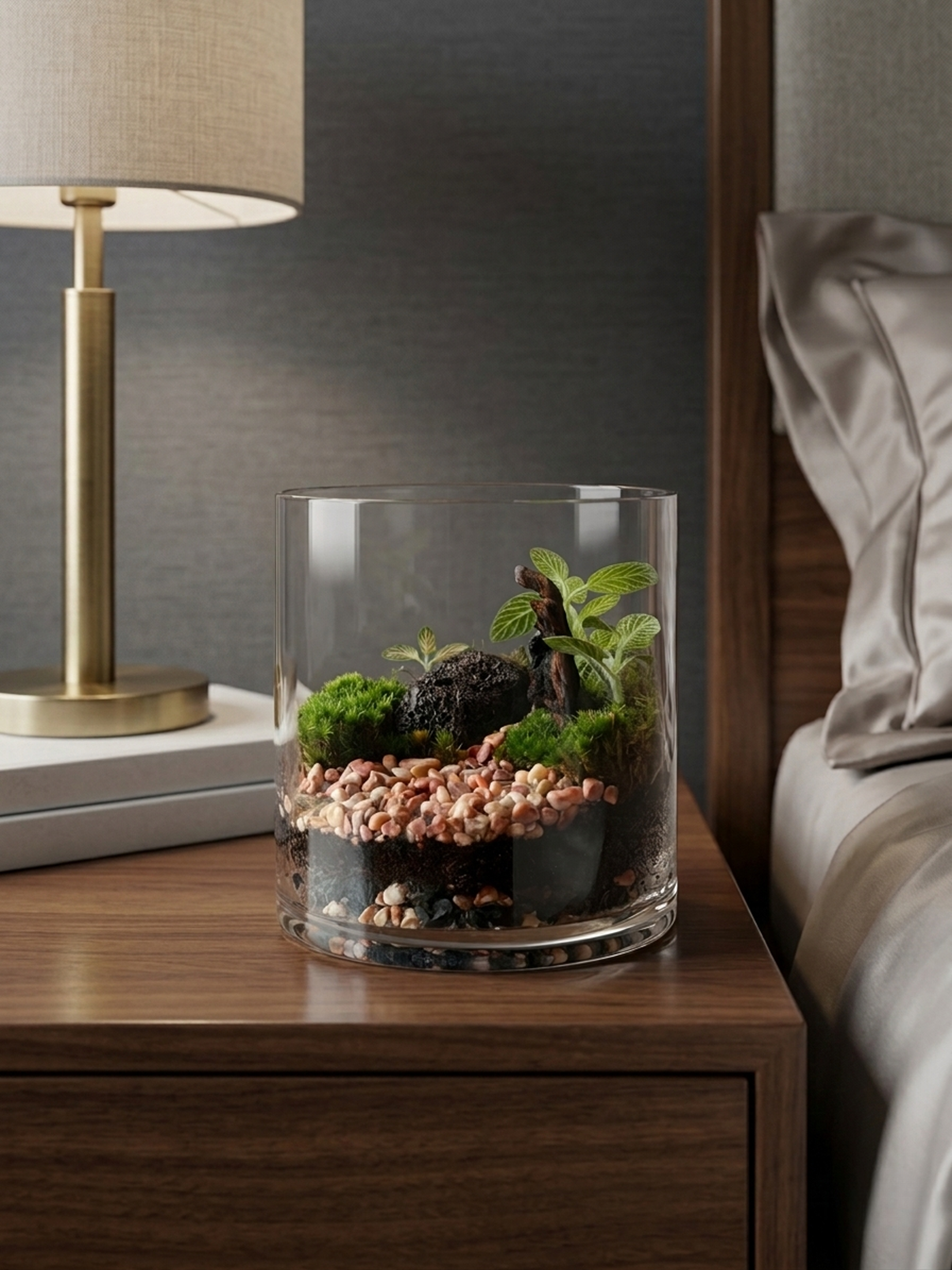 Premium glass cylinder tabletop terrarium with moss landscape, pebble stream, driftwood and Fittonia plants by Lilli Plants