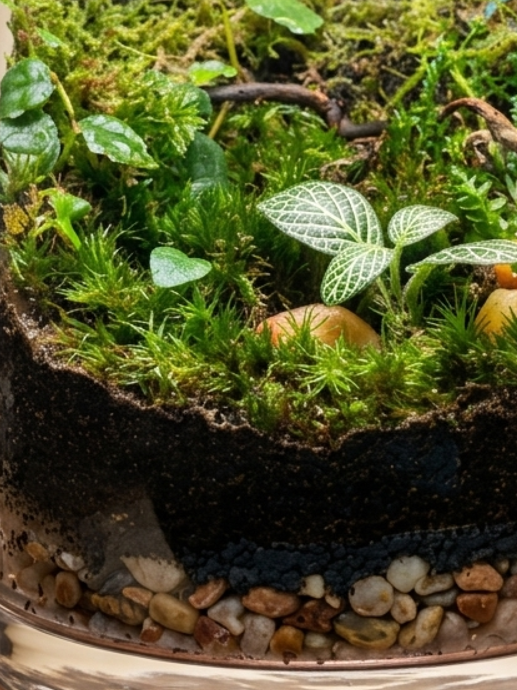 Miniature moss forest terrarium with Fittonia plants and spider wood centerpiece glass terrarium Dubai