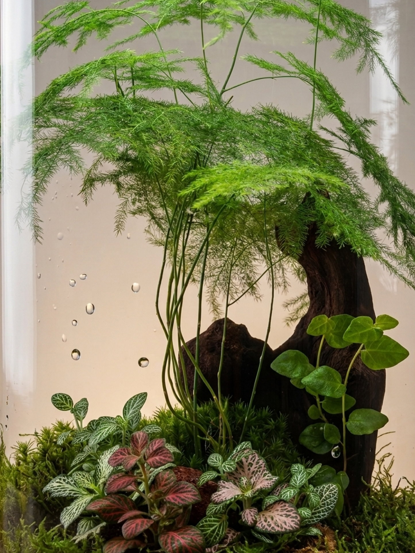 High-end miniature forest terrarium with red and green Fittonia and natural wood structure.