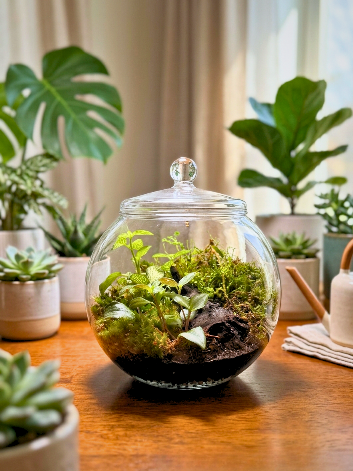 Mosswood Retreat Classic Terrarium by Lilli Plants – closed glass bowl terrarium with Fittonia, Selaginella, Tradescantia and driftwood in Dubai