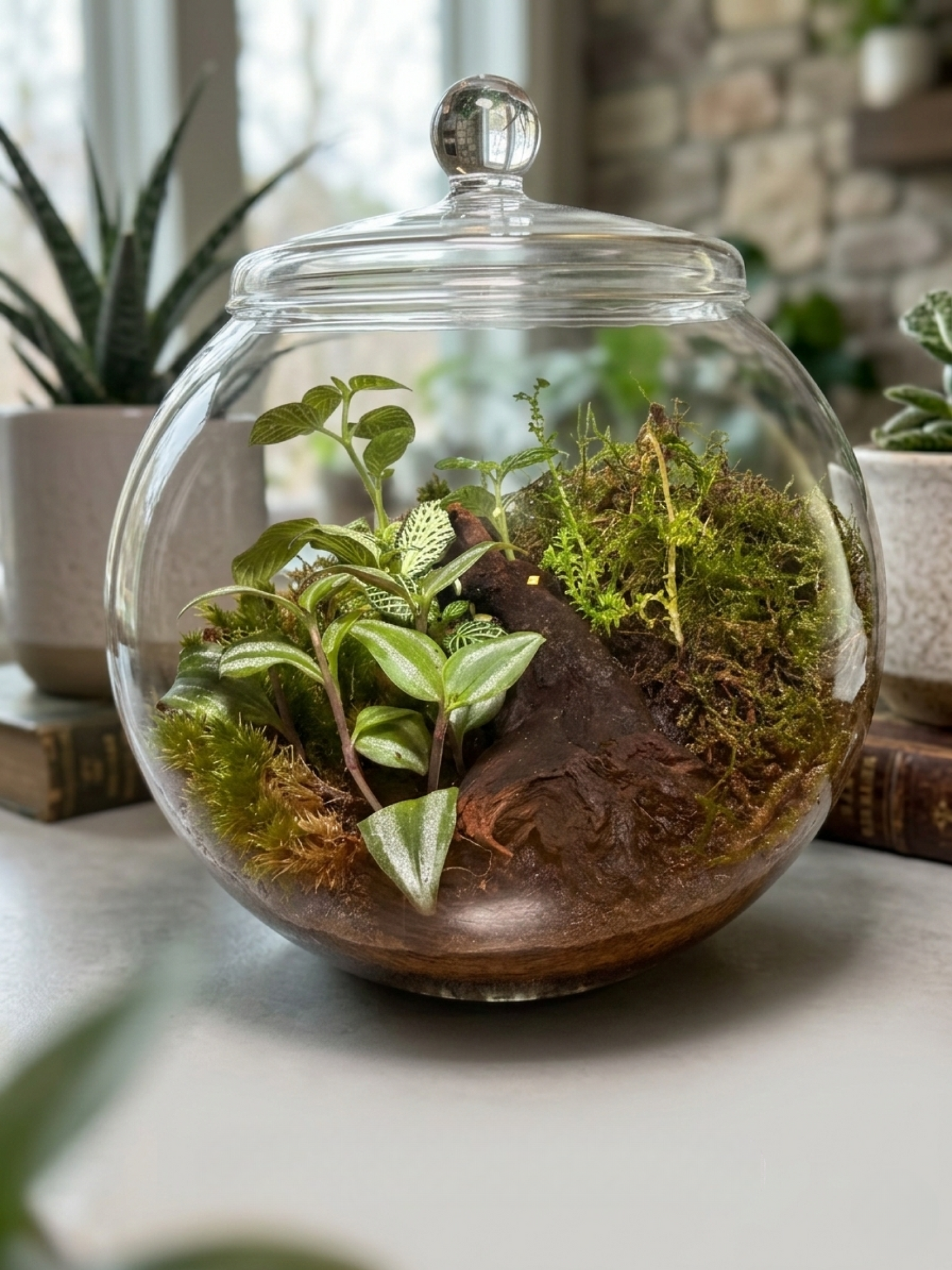 Premium closed terrarium in Dubai featuring green Fittonia, cushion moss, flat moss and natural driftwood centerpiece