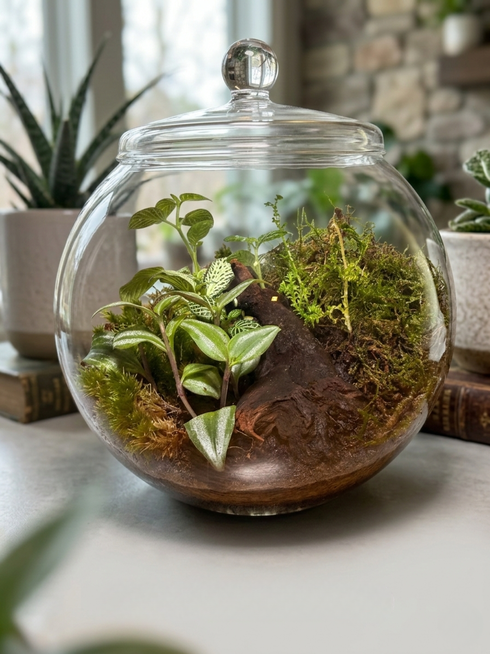 Premium closed terrarium in Dubai featuring green Fittonia, cushion moss, flat moss and natural driftwood centerpiece