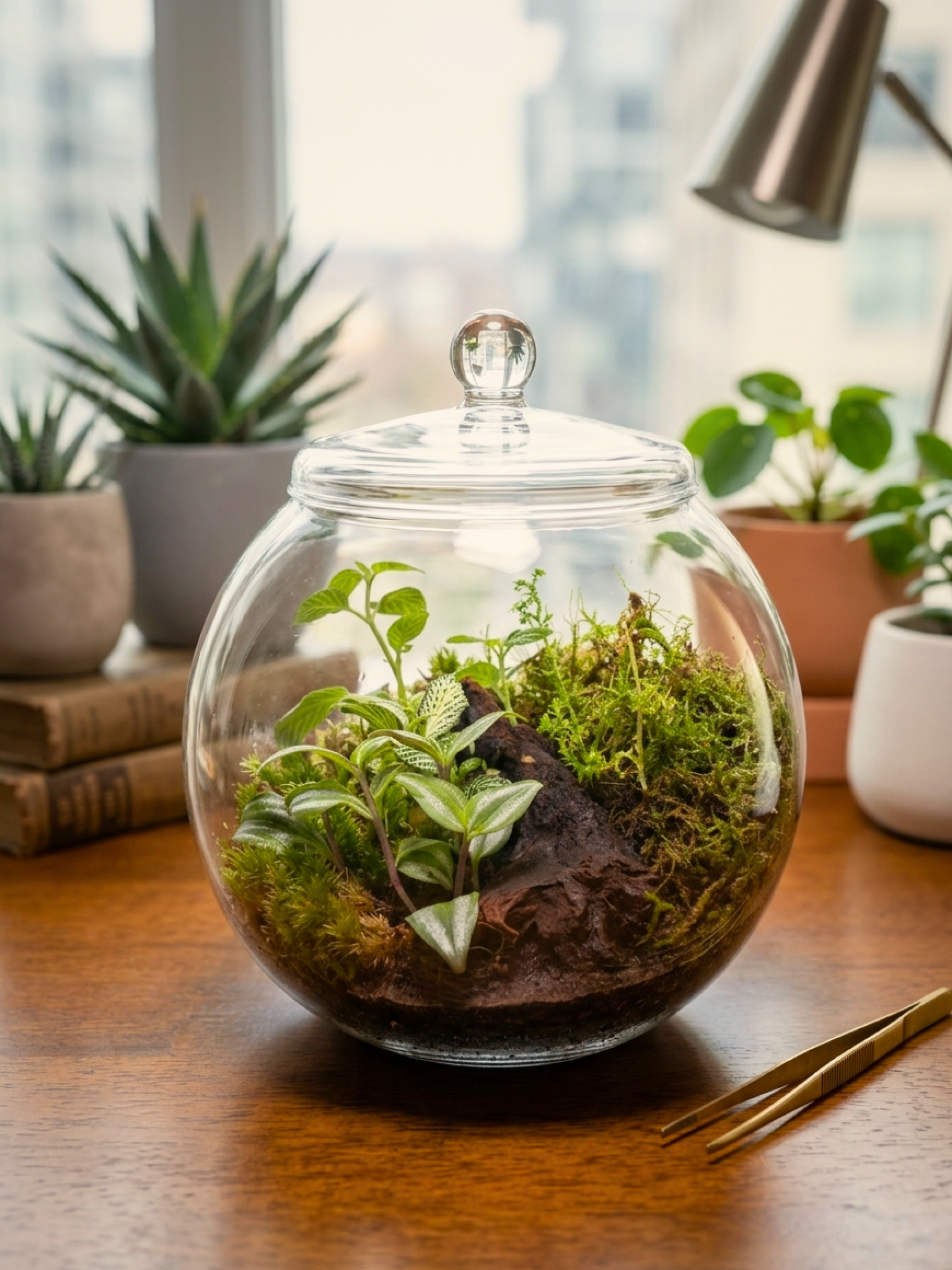 Moss woodland inspired closed terrarium with Selaginella and Tradescantia – elegant indoor green gift in Dubai