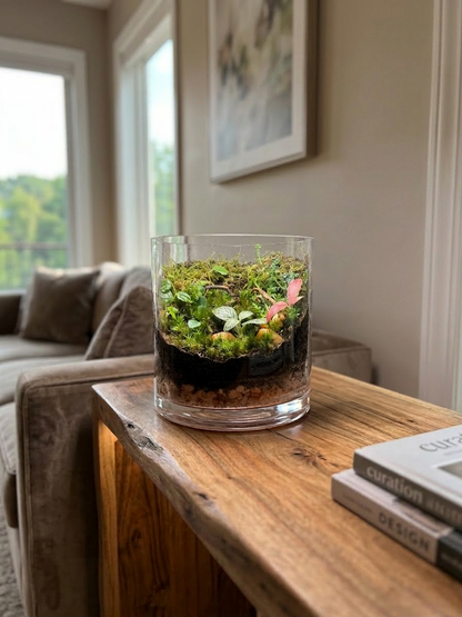 Nature’s Treasure tabletop terrarium with Fittonia red, green, moss and spider wood handcrafted by Lilli Plants in Dubai