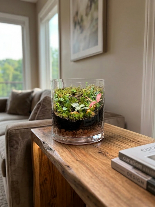 Nature’s Treasure tabletop terrarium with Fittonia red, green, moss and spider wood handcrafted by Lilli Plants in Dubai